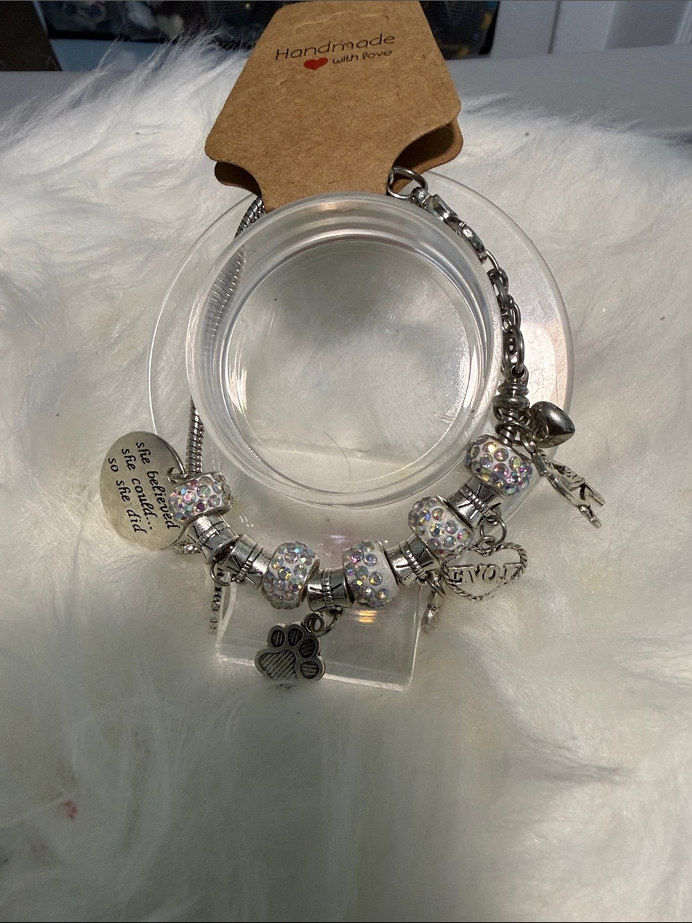 Handmade Silver Charm Bracelet with Iridescent Crystal Beads